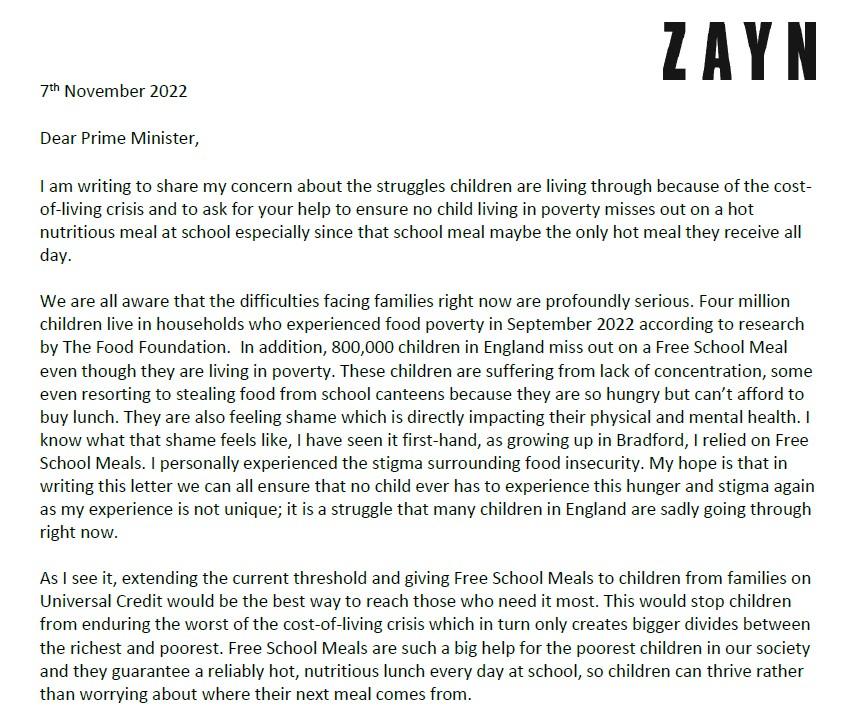 Zayn Malik letter