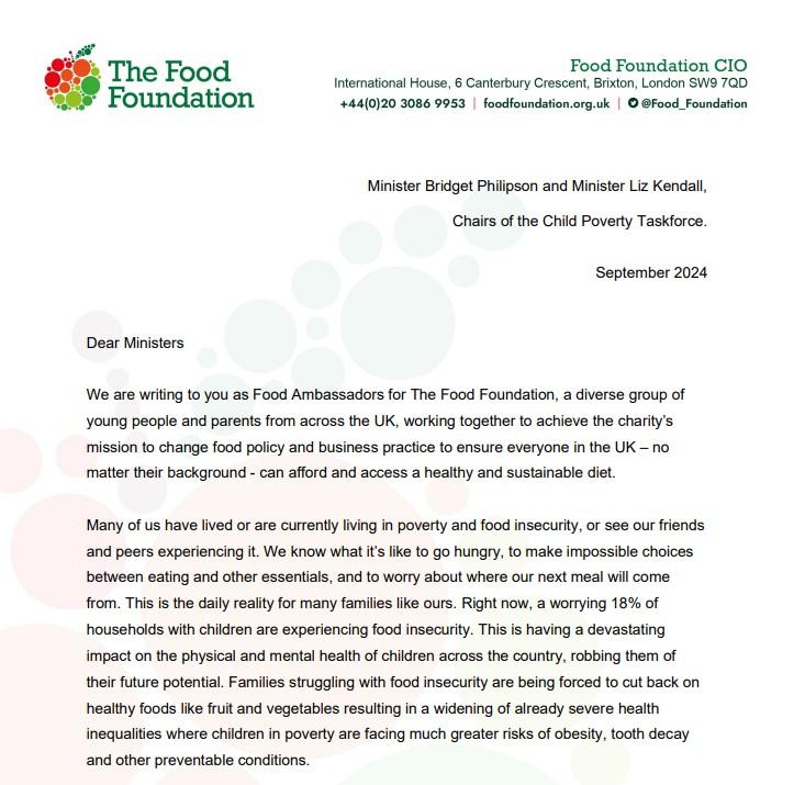 Food Foundation Child Poverty Taskforce letter