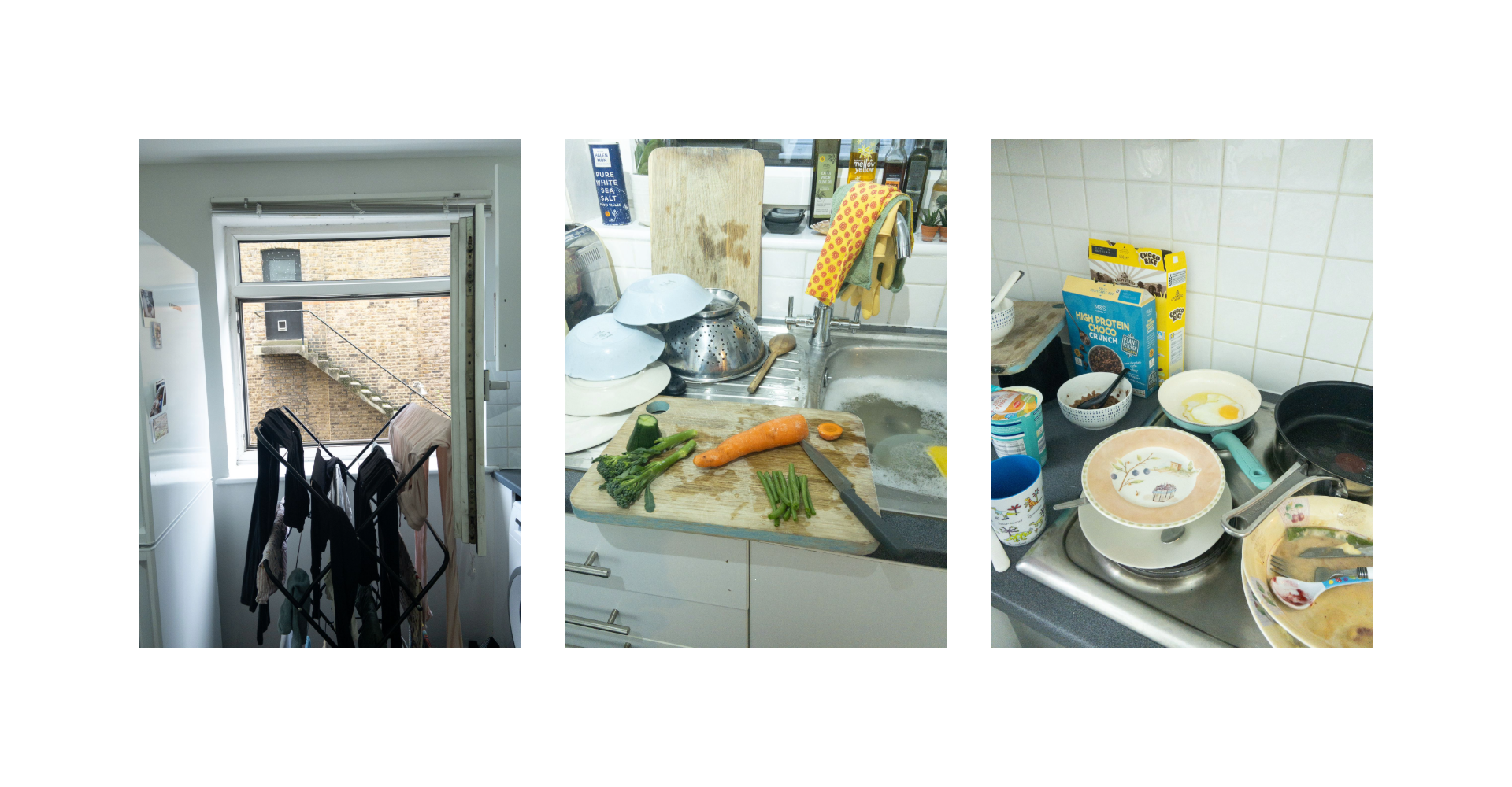 Emma photos left to right: A drying rack full of clothes by a flat window, Some veg on a wooden chopping board balanced precariously by a sink, piles of dirty dishes stacked on a hob 