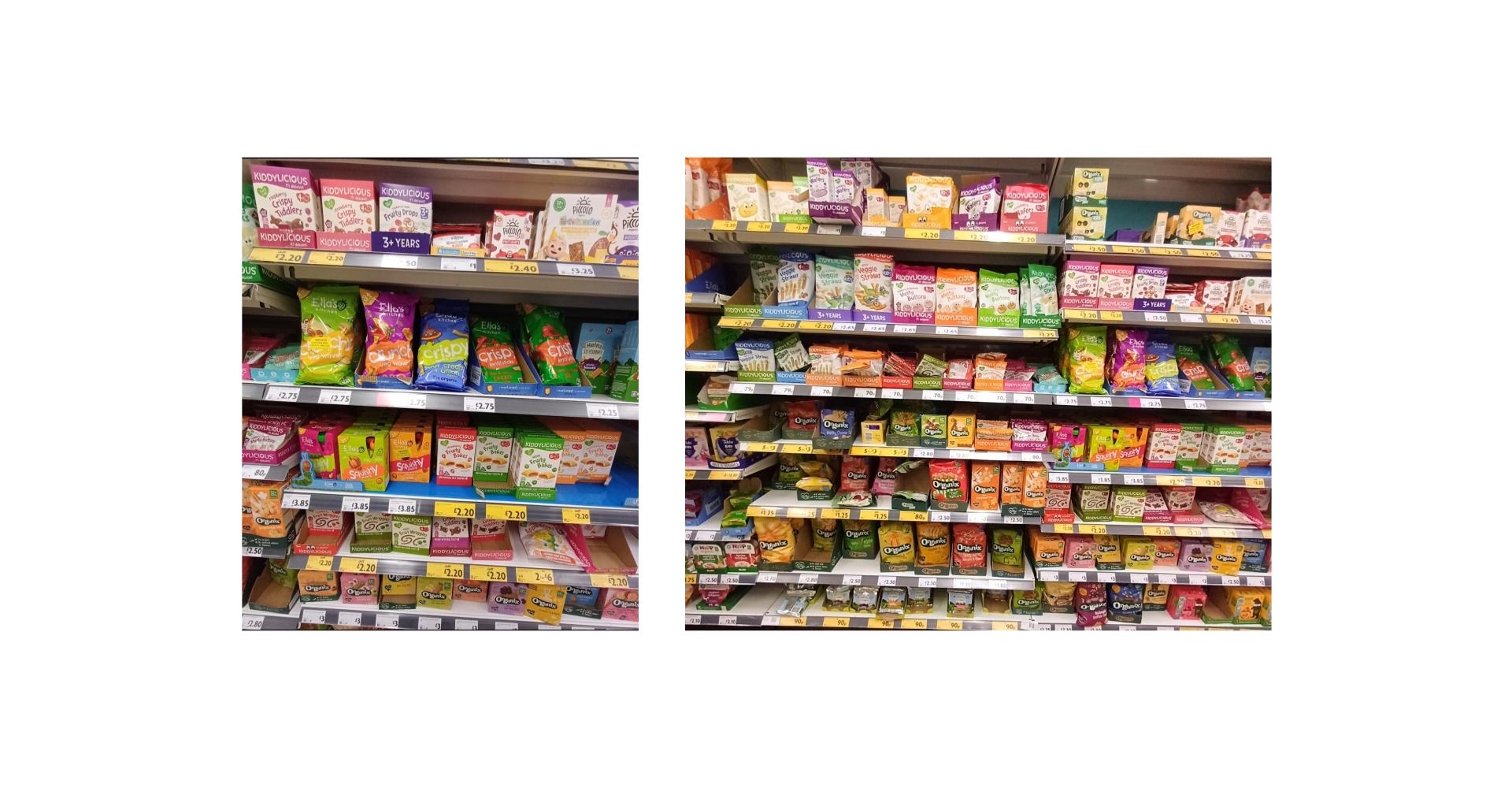 Shelves full of brightly coloured children's snacks