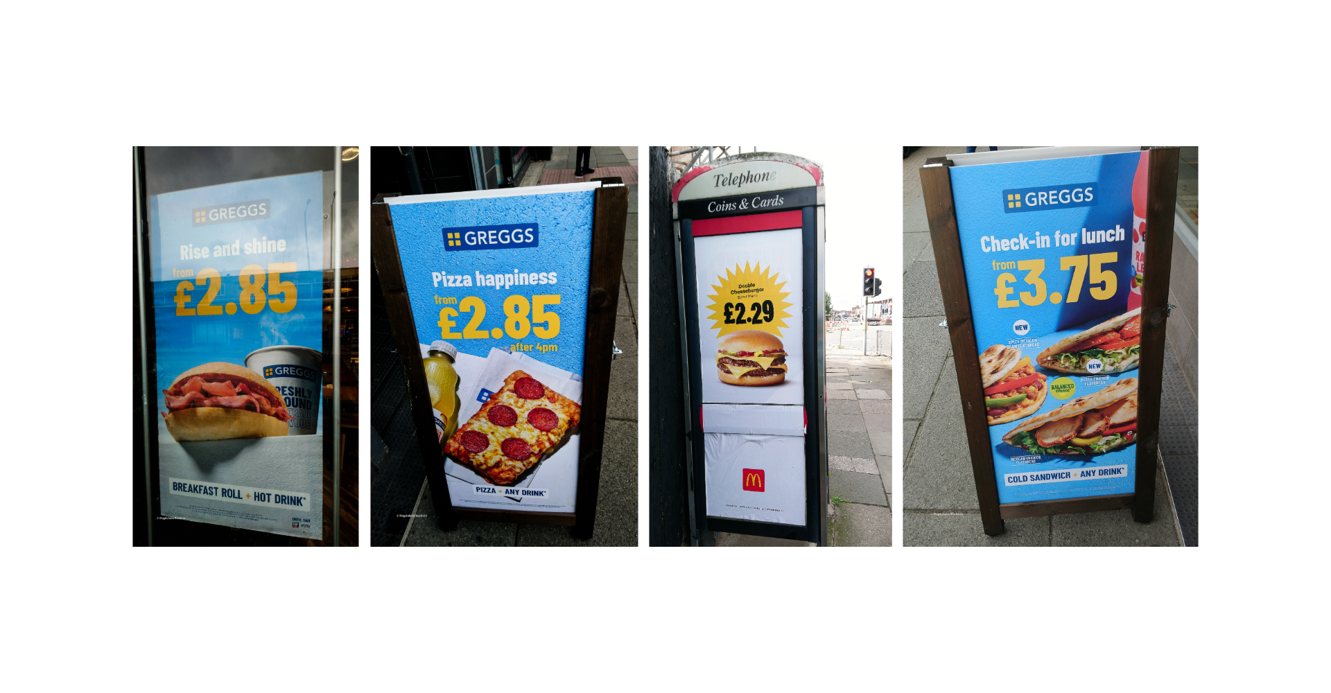 A series of images of junk food advertisments on bus stops, phone boxes and other places around the highstreet