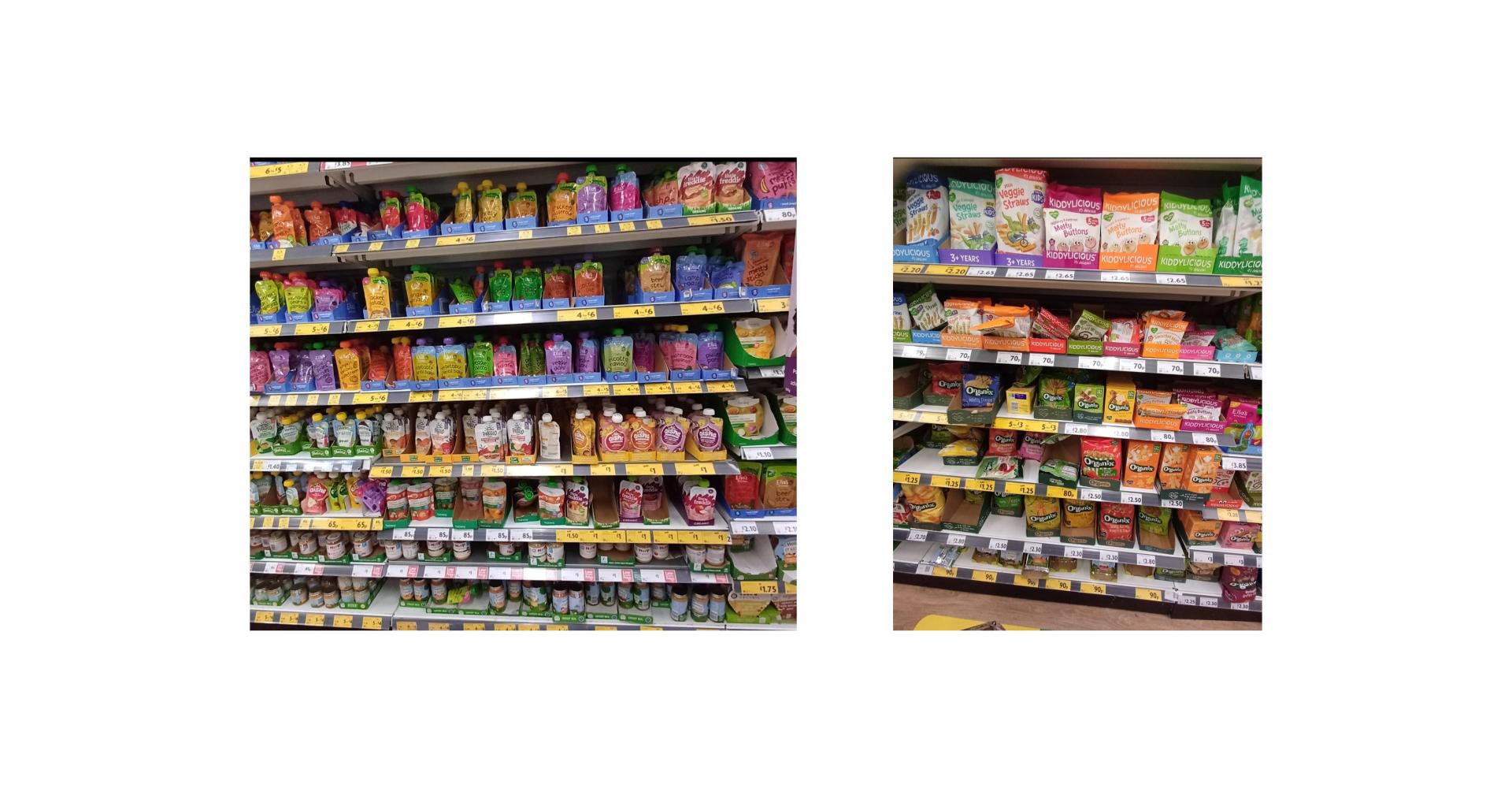 Shelves full of colourful children's snacks and foods