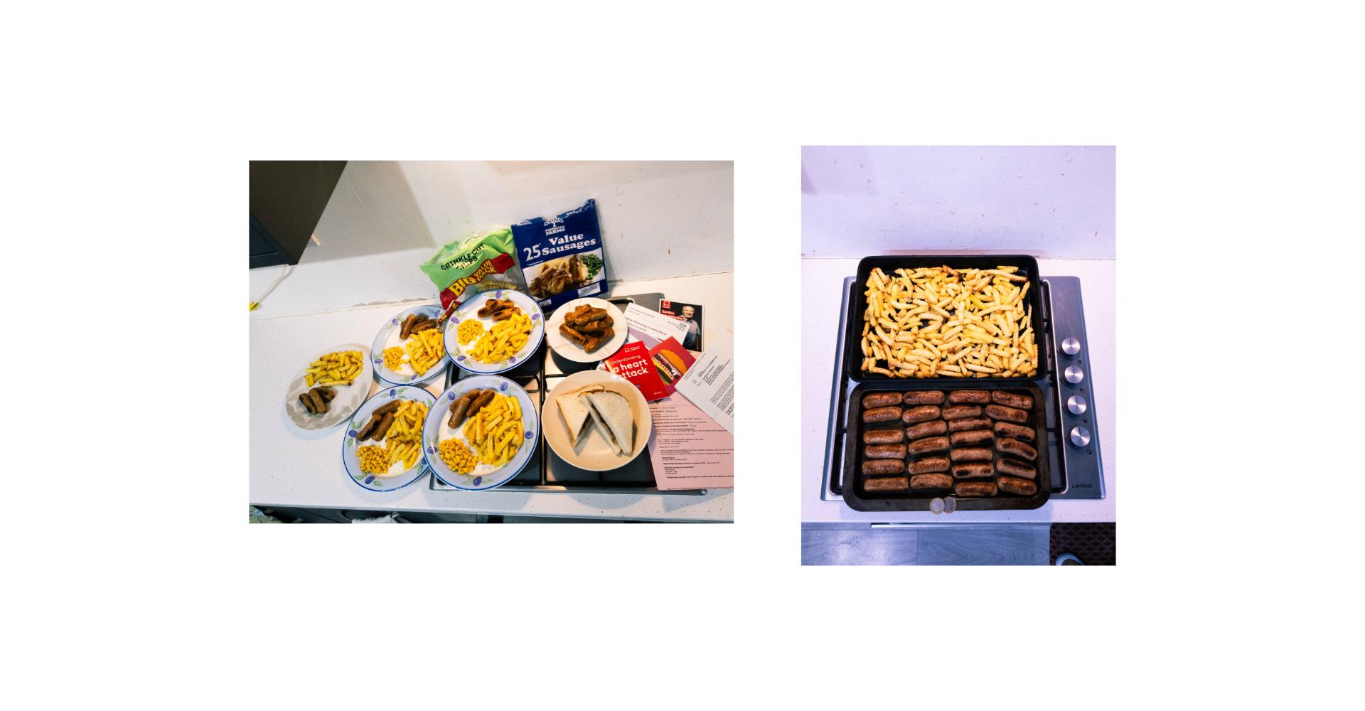 On the left: 6 plates of sausage and chips, enough for a family and the packaging  On the right: the food in trays after coming out of the oven