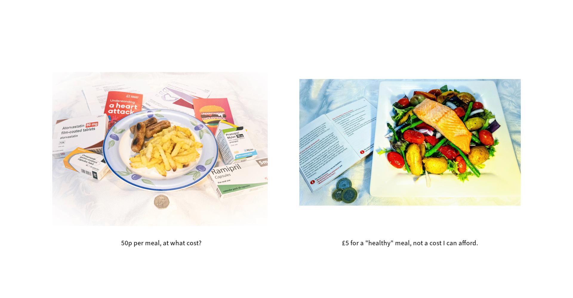 On the left: a picture of a plate of sausage and chips that can be afforded with 50p surrounded by medications and a heart attach informational leaflet. On the right a £5 pound healthy meal of salmon potatoes and salad